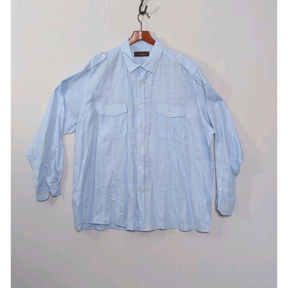 Tasso Elba Shirt Mens XXL 2Xl Light Blue Linen Long Sleeve Lightweight Office